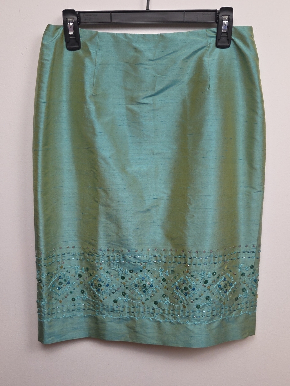 Vintage 90s Y2K 100% Silk Iridescent Embellished Teal Green Pencil Skirt Size 8